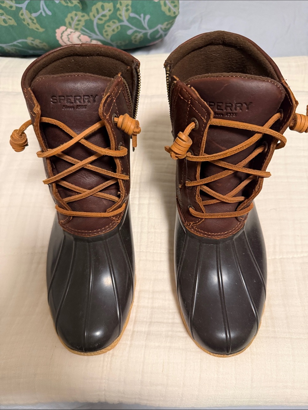 Sperry Brown Leather and Dark Brown Rubber Duck Boots with Tan Laces